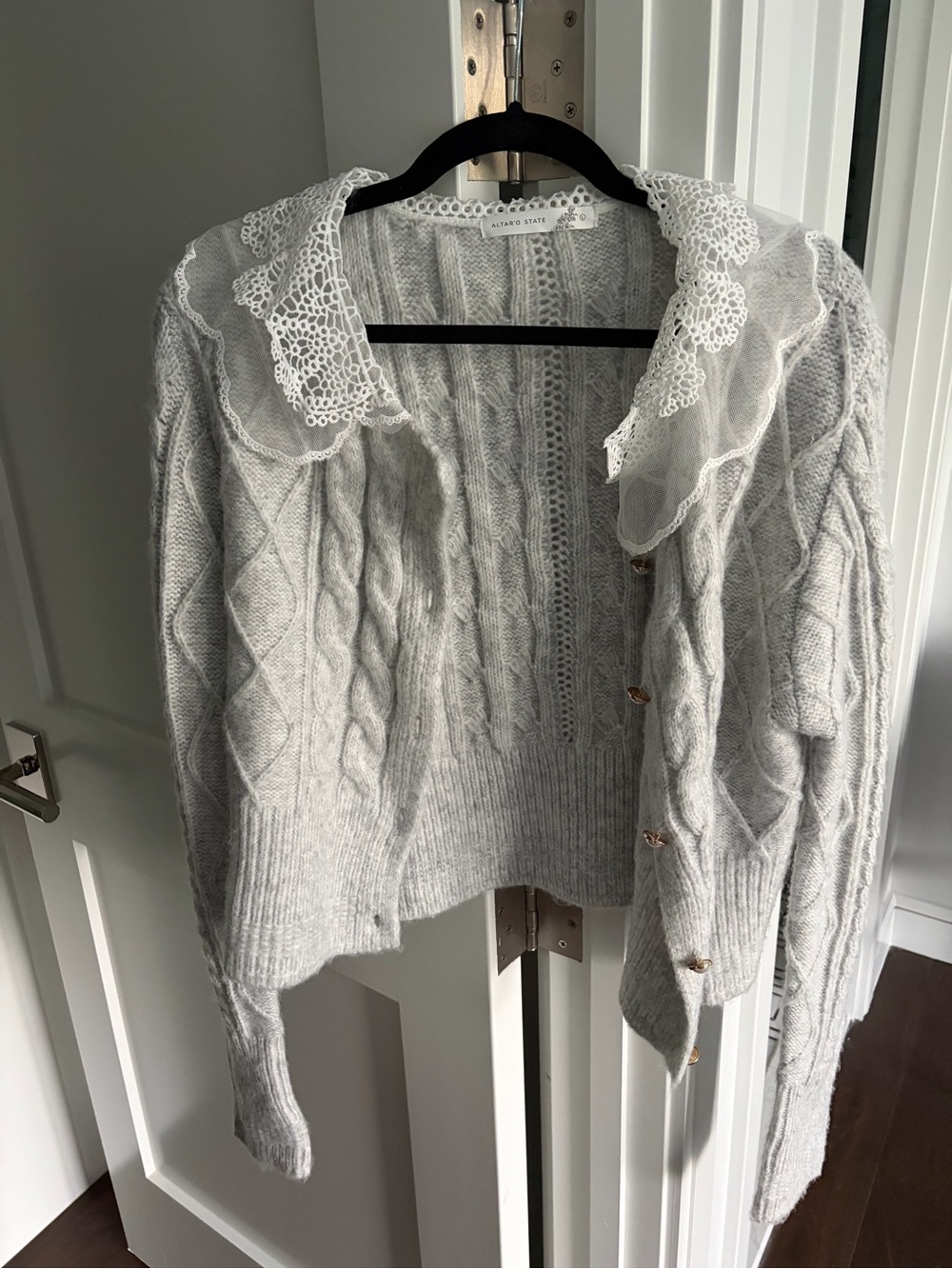 Altar'd State Soft Light Gray Cable Knit Cardigan with Lace Collar